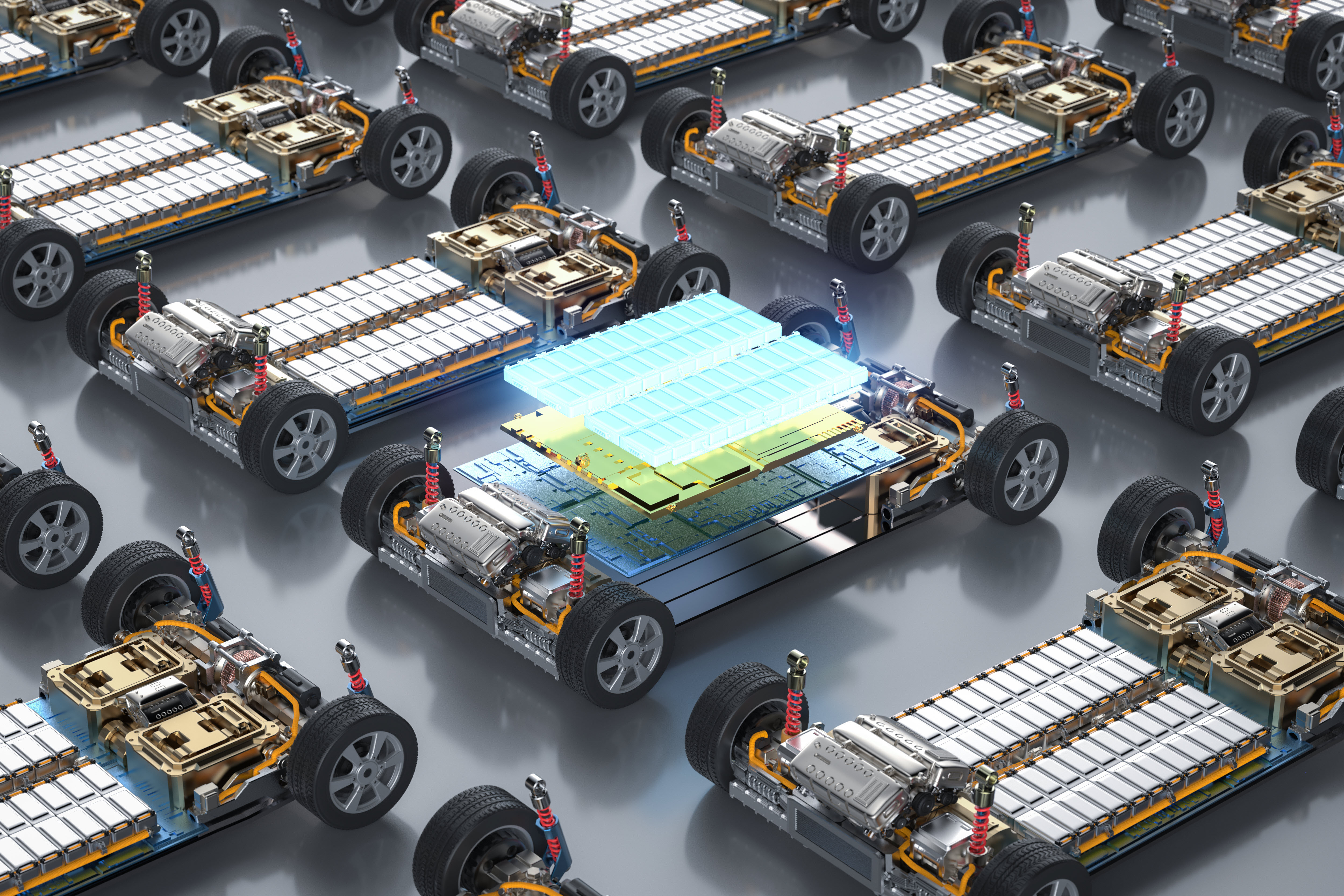 3d rendering group of electric cars with pack of battery cells module on platform in a row