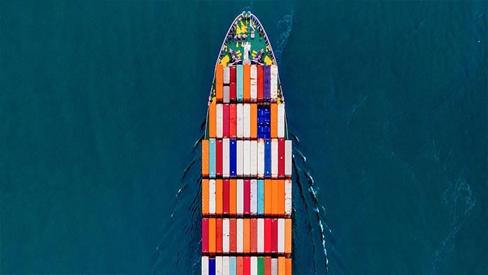 Birds eye view of a cargo ship at sea