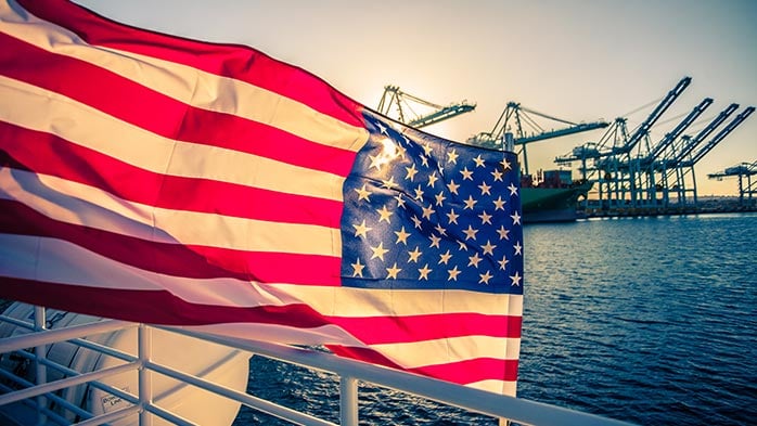 American flag waving in harbour